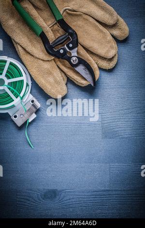 Vertikaler grüner Gartendraht und Gartenschere am Handschuh. Stockfoto