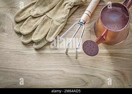 Vintage Gießtopf Metallrechen Gartenhandschuhe auf Holzbrettern Landwirtschaftskonzept. Stockfoto