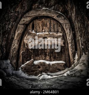 Die Holztür des Hauses der Zwerge in der Kiefer. Stockfoto