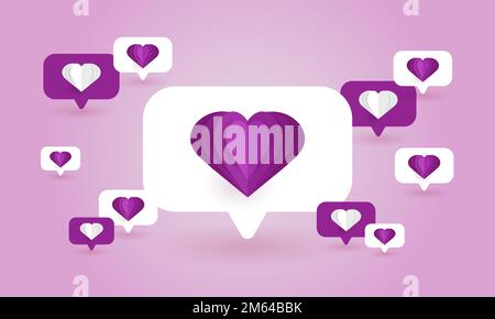 Hintergrund mit Chatsymbolen mit Papierherzen. Das Konzept des Gesprächs, der Botschaften, der Kommunikation. Vektordarstellung auf Papier. Stock Vektor