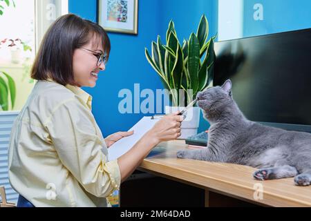 Geschäftsfrau, die von zu Hause aus arbeitet, Computer benutzt, zusammen mit Hauskatze Stockfoto