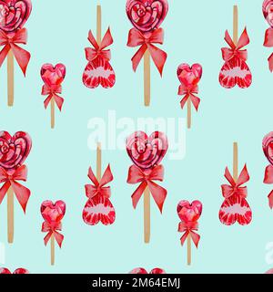 Ein Muster von Lollipops in Form von Herzen auf blauem Hintergrund. Rote Lutscher mit Schleifen. Aquarelldarstellung. valentinstag Stockfoto