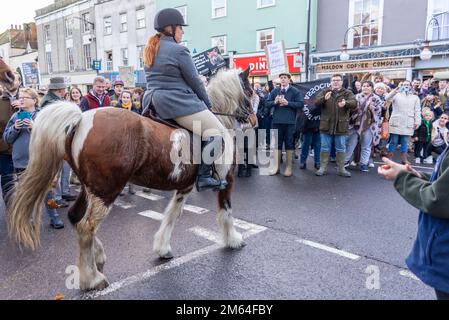 Silver Street, Maldon, Essex, Großbritannien. 2. Januar 2023. Die Essex with Farmers & Union Hunt führte ihre Pferde und Hunde auf der Maldon High Street zu ihrem jährlichen Sylvester-Treffen vor. Unterstützer und Action Against Foxhunting Anti-Jagd-Demonstranten nahmen an der Veranstaltung Teil Stockfoto