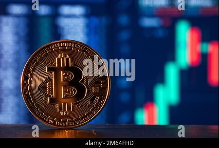 Kryptowährung. Wachstum Der Bitcoin-Aktien. Das Diagramm zeigt einen starken Preisanstieg bei Bitmünzen. Investition in virtuelle Assets. Investitionsplattform mit cha Stockfoto