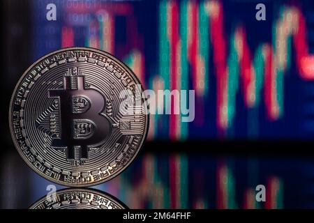 Kryptowährung. Bitcoin-Preisschwankungen. Das Diagramm zeigt den Rückgang und den Anstieg des Bitcoinpreises. Investitionen in virtuelle Anlagen. Investitionsplattform Stockfoto