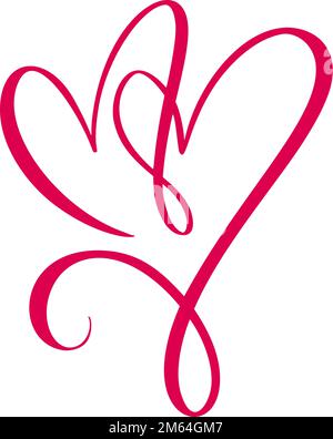 Rotes Vector-Logo „Liebe zwei Herzen“. Romantische Symbolpaare, Leidenschaft und Hochzeit. Kalligraphie-Design-Element des valentinstages. Vorlage Stock Vektor