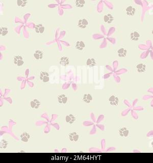 Schwarze Fußabdrücke und pinkfarbene Blumen auf weißem Hintergrund, nahtloses Muster Stock Vektor