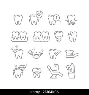 Zahnpflege- und Therapielinienvektorensatz. Gesundes Zahn-, Karies-, Implantat- und Mundpflegeset. Zahnsymbole. Stock Vektor
