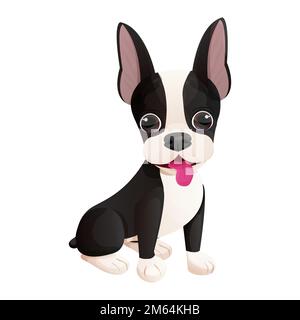 Süßes Boston Terrier cooles süßes Hündchen mit Zunge im Cartoon-Stil isoliert auf weißem Hintergrund. Süßer Hund, Aufdruck. Vektordarstellung Stock Vektor