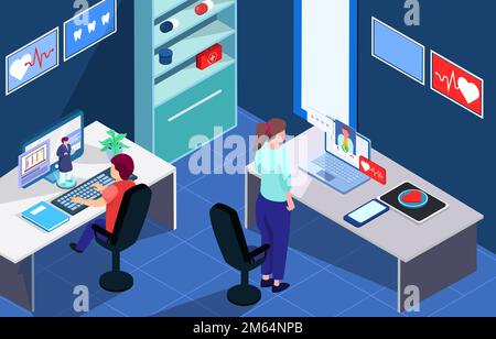 Telemedizin. Der Arzt berät Patienten über das Internet. Isometrische Gestaltung. Vector . Stock Vektor