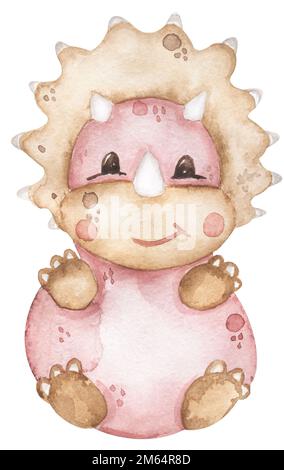 Aquarelle Dinosaurier-Illustration für Kinder, niedliche Dinosaurier-Clipart, Aufdruck im Kinderzimmer Stockfoto