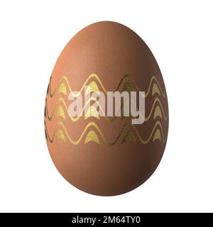 Osterei in brauner Farbe mit goldenem Wellenmuster. Braunes Osterei. Isoliert auf weißem Hintergrund. 3D Rendern.. Stockfoto
