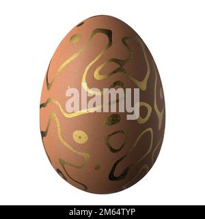 Osterei in brauner Farbe mit einem abstrakten goldenen Muster auf dem Ei. Isoliert auf weißem Hintergrund. 3D Rendern.. Stockfoto