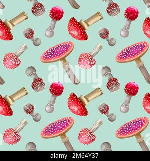 Nahtloses Muster. Aquarell Red Fly Agaric. Realistische Fliegenpilze. Giftige Pilze Stockfoto