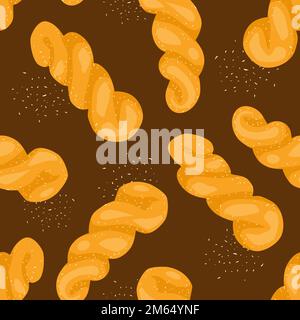 Koreanisches Street Food-Muster. Süße, verdrehte Donuts Kkwabaegi. Traditionelle asiatische Snacks. Süßer Kritzelhintergrund. Vektordarstellung. Stock Vektor