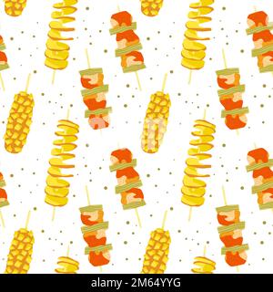 Koreanisches Street Food-Muster. Gamja Hotdog Maishund, Ddakkochi Hühnerspieße, Tornado Kartoffel hweori Gamja. Asiatische Snacks auf Stöcken. Vector illu Stock Vektor