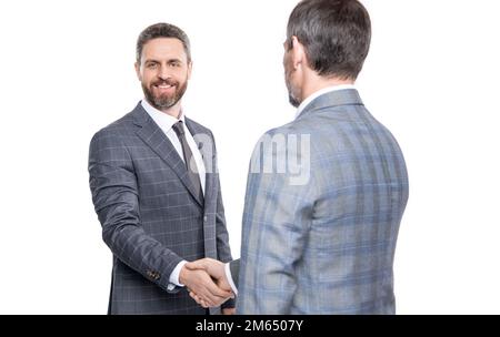 Geschäftsleute, die sich mit Handschlag befassen, selektive Fokussierung. Zwei Geschäftsleute handeln, Partnerschaft. Stockfoto