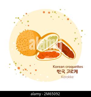 Poster mit traditionellen koreanischen Street Food-Kroketten. Koreanischer Korokke. Übersetzung aus koreanischen Kroketten. Asiatischer Imbiss mit unterschiedlicher Füllung. Vektor Stock Vektor