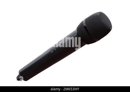 Schwarzes Mikrofon isoliert auf weißem Hintergrund. Schwarzes, modernes Mikrofon, isoliert auf Weiß. Hochwertiges fotorealistisches 3D-Rendering Stockfoto