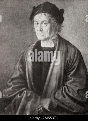 Porträt von Durers Vater Albrecht Dürer der Ältere (ursprünglich Albrecht Ajtós) im Alter von 70 Jahren. Albrecht Dürer, 1471-1528, manchmal auch auf Englisch als Durer geschrieben. Deutscher Maler, Druckmacher und Theoretiker der deutschen Renaissance. Aus Albrecht Dürer, sein Leben und eine Auswahl seiner Werke, veröffentlicht 1928. Stockfoto