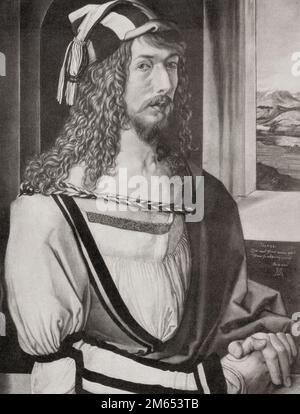 Selbstporträt von Albrecht Durer, 26 Jahre alt. Albrecht Dürer, 1471-1528, manchmal auch auf Englisch als Durer geschrieben. Deutscher Maler, Druckmacher und Theoretiker der deutschen Renaissance. Aus Albrecht Dürer, sein Leben und eine Auswahl seiner Werke, veröffentlicht 1928. Stockfoto