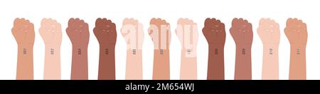Geballte Hände. Verschiedene Hautfarben. Multiethnizität, Multinationalität. Am Handgelenk jeder Hand ist ein Tattoo mit Seriennummer angebracht. Die Identität bewahren i Stock Vektor