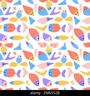Süßes farbenfrohes, nahtloses Muster mit süßem Kritzelfisch. Lustige Kinder, naiv, abstrakter Aquarium-Hintergrund. Zentangle gemusterte Sardinen, Hering, Guppies, g Stock Vektor