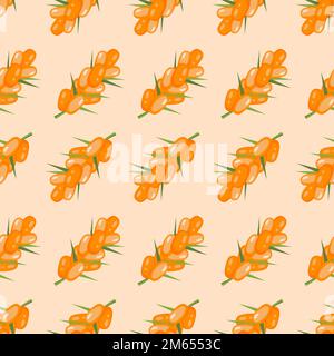 Sanddorntrauben einfaches, nahtloses Muster. Heller Beerenhintergrund. Dornbeeren mit kleinen scharfen Blättern. Umweltfreundliche Verpackung für Saft, fr Stock Vektor