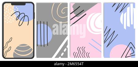 Abstraktes handgezeichnetes vertikales Mobiltelefon-Hintergrundbild-Set. Moderne, einfache, minimalistische organische Formen Vorlagen für Geschichten in sozialen Medien. Doodle wa Stock Vektor