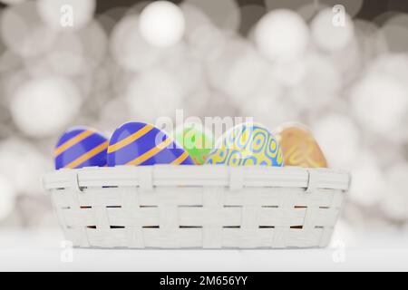 Korb mit bunten Ostereiern auf Holzhintergrund mit Bokeh-Lichtern. 3D-Rendering.. Stockfoto