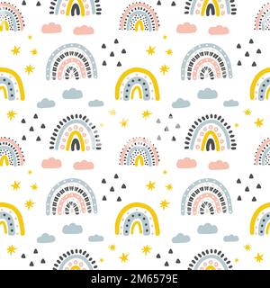 Nahtloses Vektormuster mit handgezeichneten Regenbögen. Trendige Babystruktur für Textil Tapetenverpackungen Stock Vektor