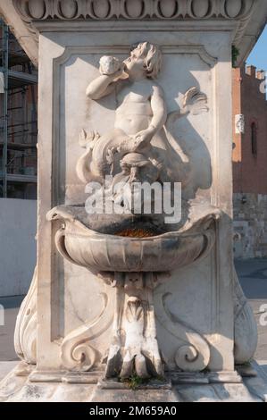 Pisa, Italien: Detailansicht des Putti-Brunnens auf der Piazza dei Miracoli Stockfoto