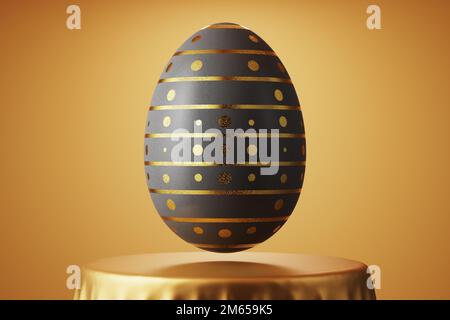 Osterkarte. Schwarzes Osterei mit bemalten goldenen Linien und Kreisen. Osterei auf goldenem Stoffhintergrund. 3D Rendern.. Stockfoto