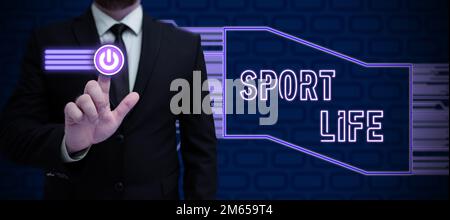 Schild mit Sport Life. Ein Wort, das auf sportliche Aktivitäten oder andere körperliche Aktivitäten im Freien geschrieben wurde Stockfoto