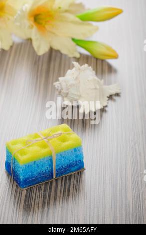 Seife Bad Schwamm Herzmuschel Shell und Blume Stockfoto
