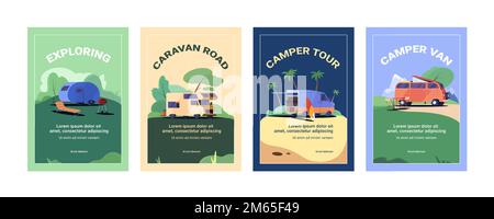 Set mit Campingplakaten mit Wohnmobil, Stuhl und Surfbrett. Flyer mit Campingwagen. Wohnmobiltransport, Wohnmobil oder Lastwagen. Vektorbanner mit Sommerlandschaft mit Bäumen und Campingplatz. Stock Vektor