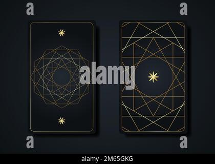 Stelle magische Tarotkarten, goldene magische okkulte, heilige Geometrieschilder, esoterische, spirituelle Symbole, Blume des Lebens auf. Luxuriöser Samen des Lebens heilige Mandala Stock Vektor