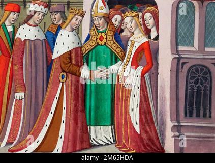 Margaret von Anjou (1430-1482. Beleuchtetes Manuskript mit dem Titel „Mariage d'Henri VI et de Marguerite d'Anjou“ (Heirat von Heinrich VI. Und Margaret von Anjou), c. 1484 Stockfoto