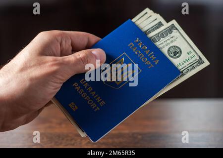 Ukrainischer biometrischer Pass und Dollar. Ukrainischer Pass auf Holzhintergrund, Draufsicht. Reisedokument. Stockfoto