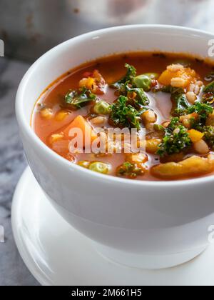 Hausgemachte italienische Winterminestronensuppe mit Winterkürbis, Karotten, Kale, grünen Bohnen, Erbsen, Tomaten und Gerste. Stockfoto