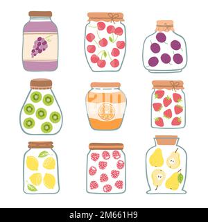 Vektorset mit konservierten Früchten in Glasgefäßen. Obstkonserven-Illustration. Staubehebung. Stock Vektor