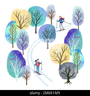 Winterlandschaft mit Skifahrern Vektor Aquarell Illustration. Outdoor-Aktivitäten. Weihnachtskarten-Design. Stock Vektor