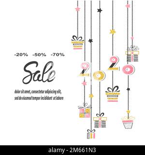 Banner für Weihnachten und Neujahr mit hängenden Geschenken und 2020 Zahlen. Winterangebot. Stock Vektor