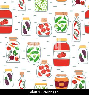Nahtloses Muster mit eingelegtem Gemüse. Vektorhintergrund für konserviertes Gemüse. Stock Vektor