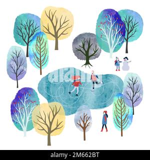 Winterlandschaft mit Menschenvektor Aquarell Illustration. Spiele und Aktivitäten im Freien. Weihnachtskarten-Design. Stock Vektor