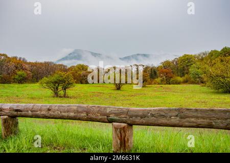 Old Rag Mountain vom Skyline Drive an einem Foggy Day, Shenandoah-Nationalpark Virginia, USA, Virginia Stockfoto