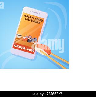 Stäbchen holen Nigiri-Sushi über den Smartphone-Bildschirm. Quadratisches Poster auf blauem Hinterrand. Stock Vektor