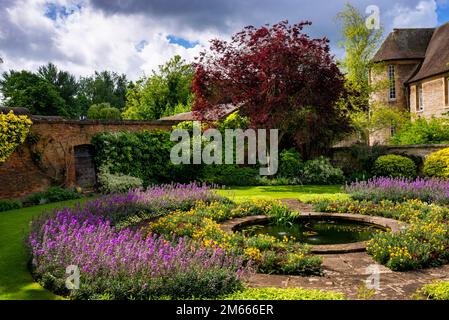 Gartenmauer und Teich, Rose Garden war Memorial Gardens, Christ Church in Oxford, England, eine denkmalgeschützte Landschaft. Stockfoto