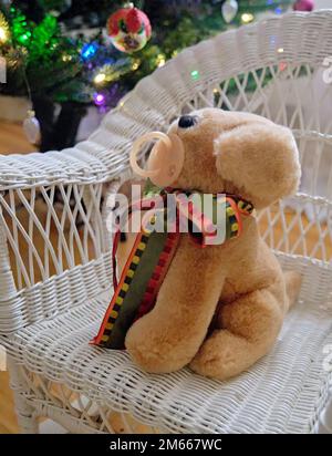 Ein kuschelig braunes Plüschhündchen mit Schnuller im Mund sitzt auf einem weißen Korbschaukelstuhl neben einem beleuchteten Weihnachtsbaum Stockfoto