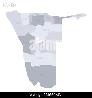 Namibia: Politische Karte der Verwaltungsabteilungen - Regionen. Graue Vektorkarte mit Beschriftungen. Stock Vektor